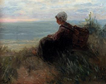 約瑟夫 伊斯拉爾斯 A Fishergirl On A Dunetop Overlooking The Sea